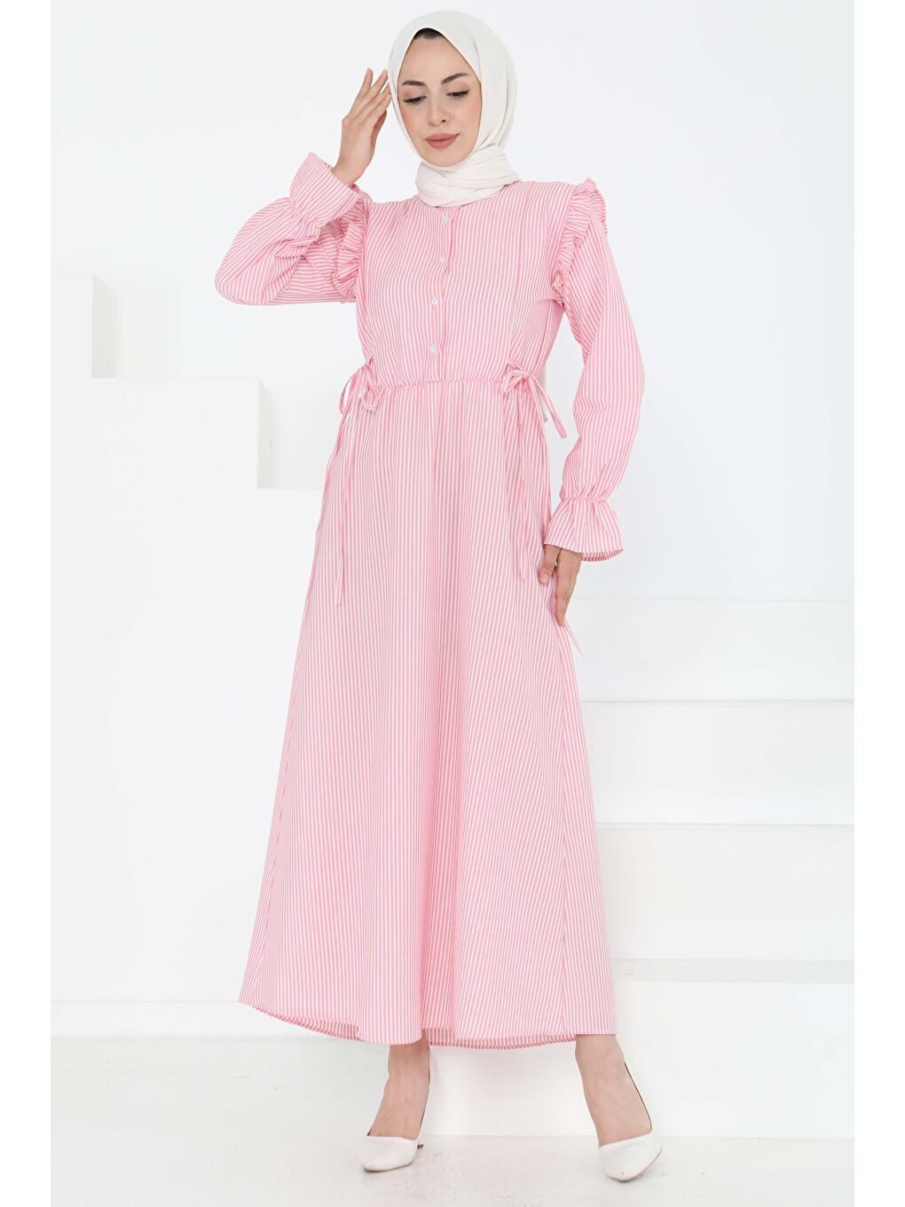 Çizgili Elbise Pembe - 27187-1