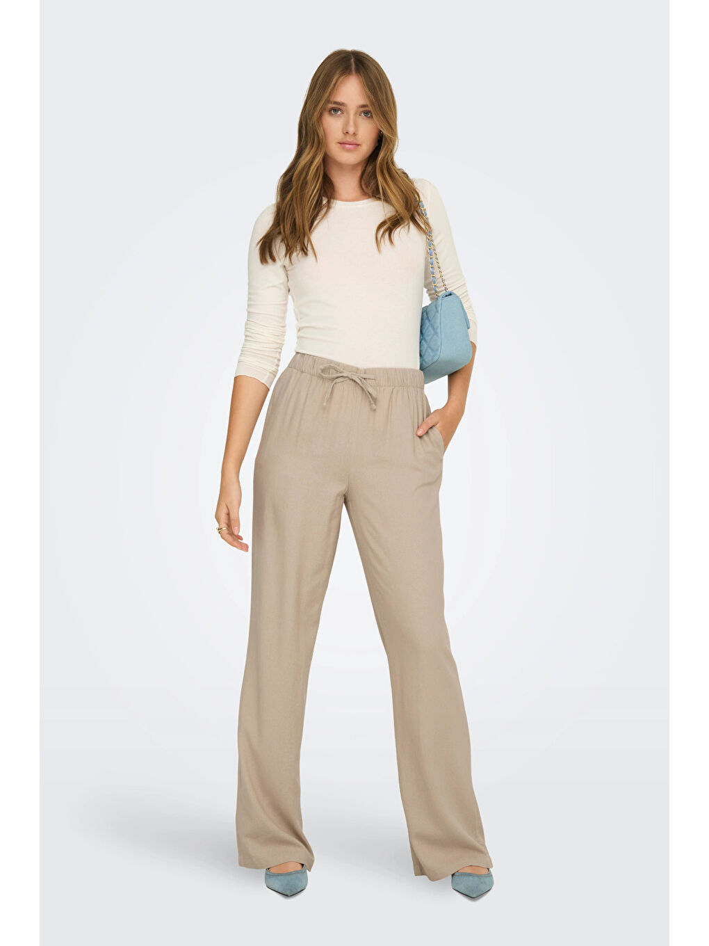 Bej Onlgoa Keten Karışımlı Straight Fit Orta Bel Kadın Pantolon 15363676-1