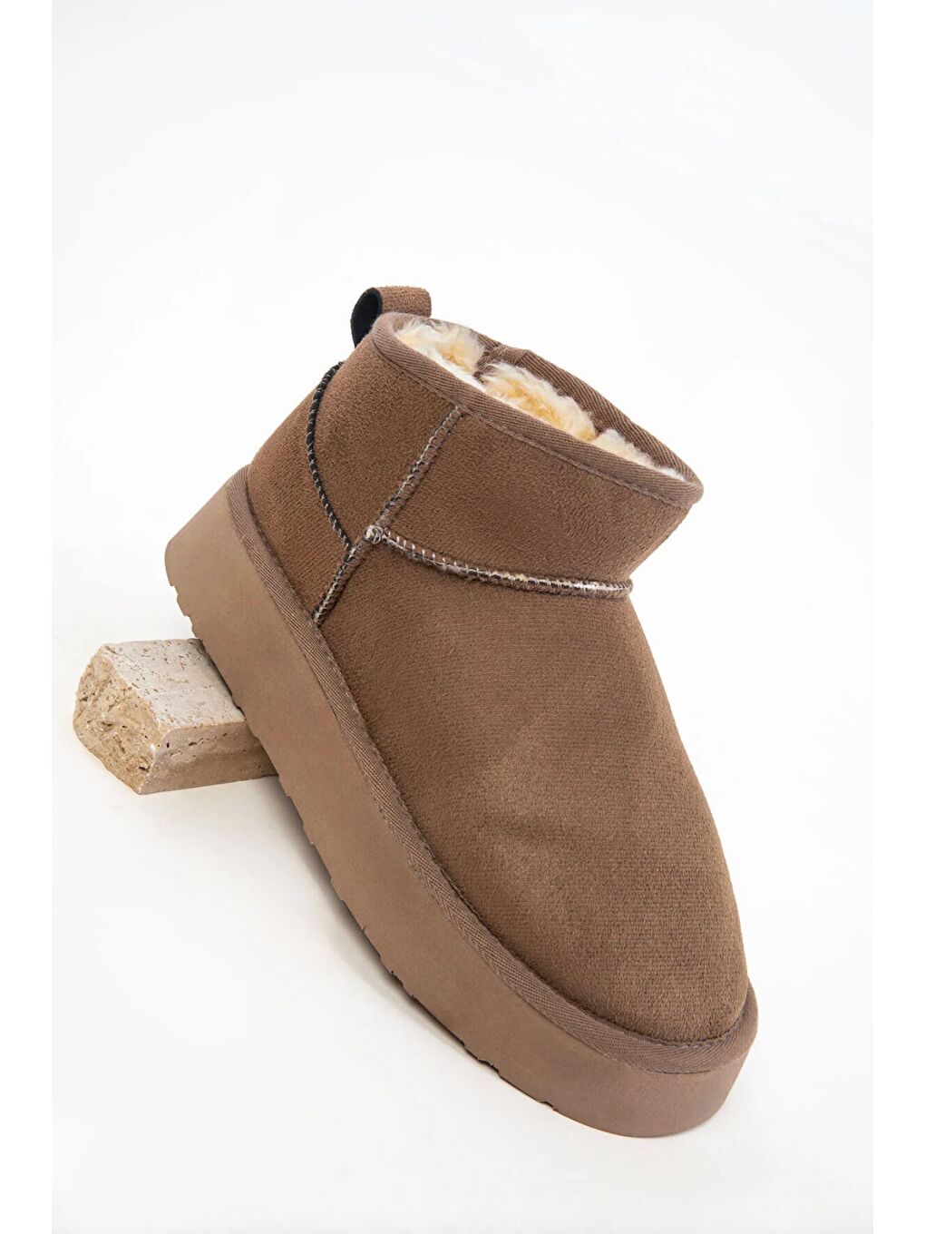 Bej İçi Kürklü Kalın Taban Kısa Süet Bot-3