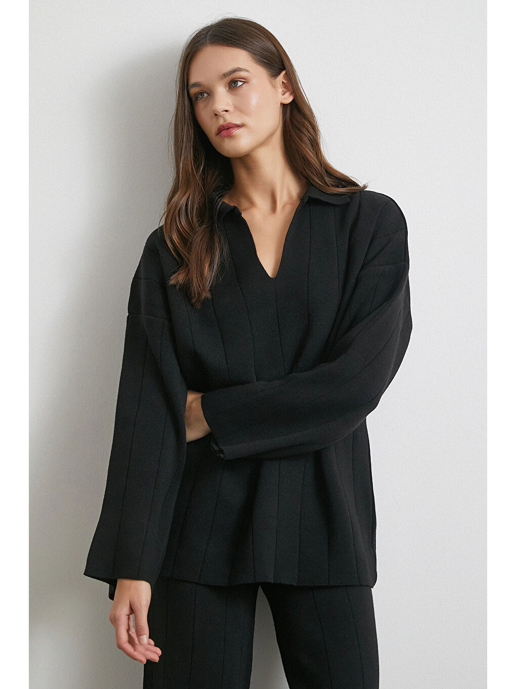 Polo Yaka Pantolonlu Triko Takım Siyah-2