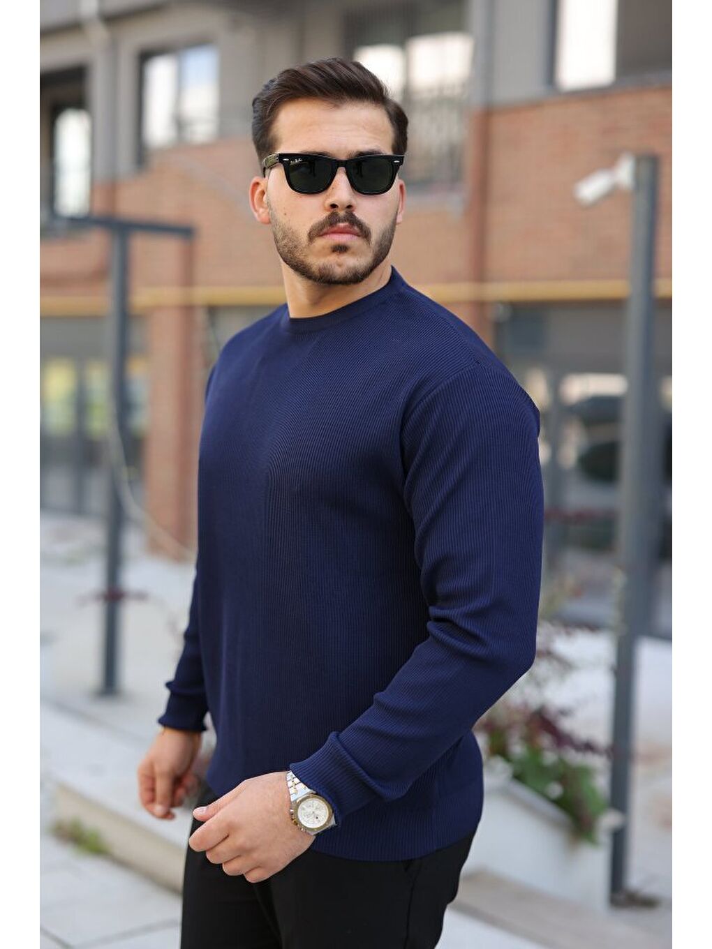 Lacivert Erkek Selanik Örme Bisiklet Yaka Triko-1