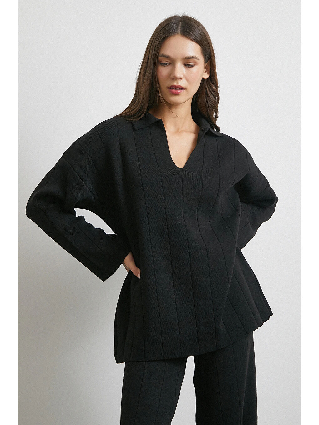 Polo Yaka Pantolonlu Triko Takım Siyah-3