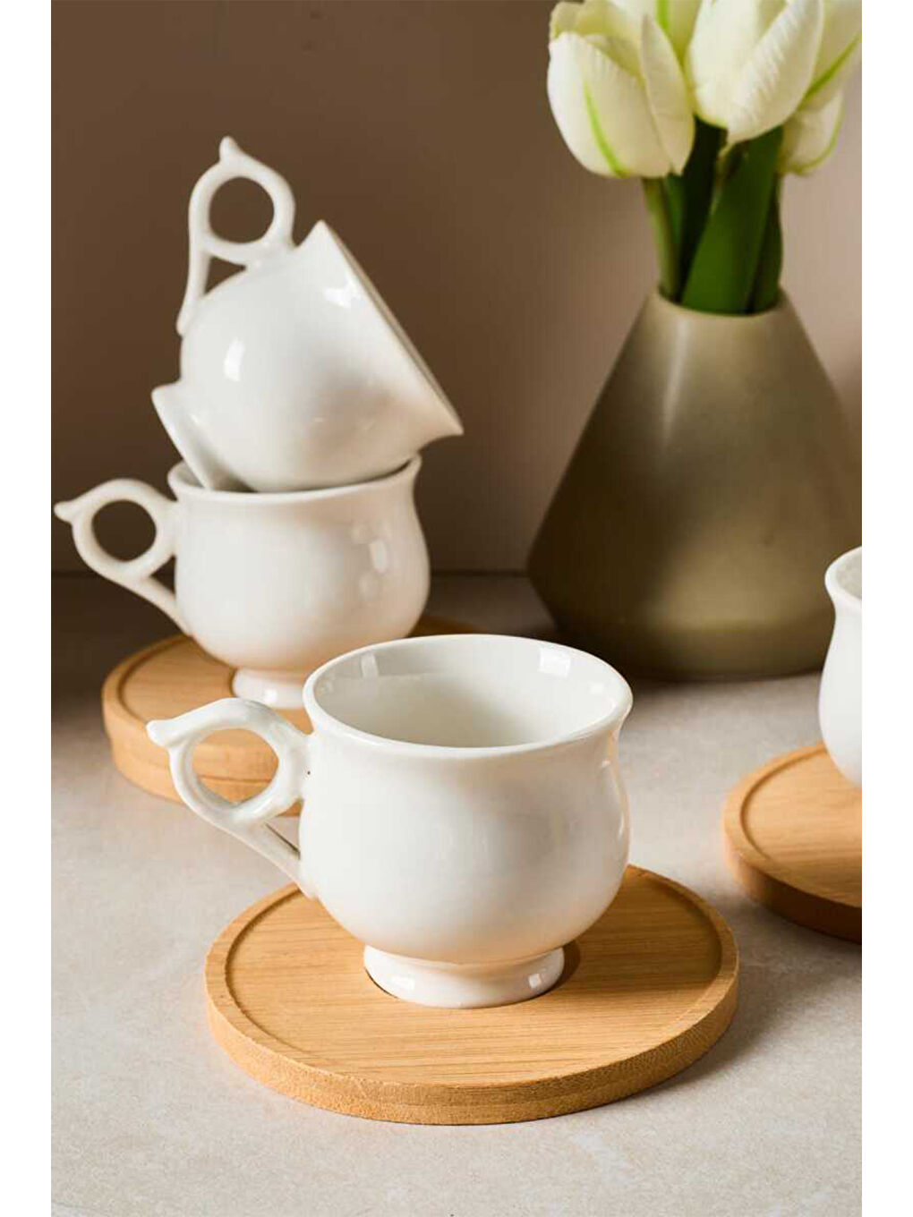 Beyaz Muna Bambu Tabaklı 6'lı Porselen Kahve Fincanı - 90 ml