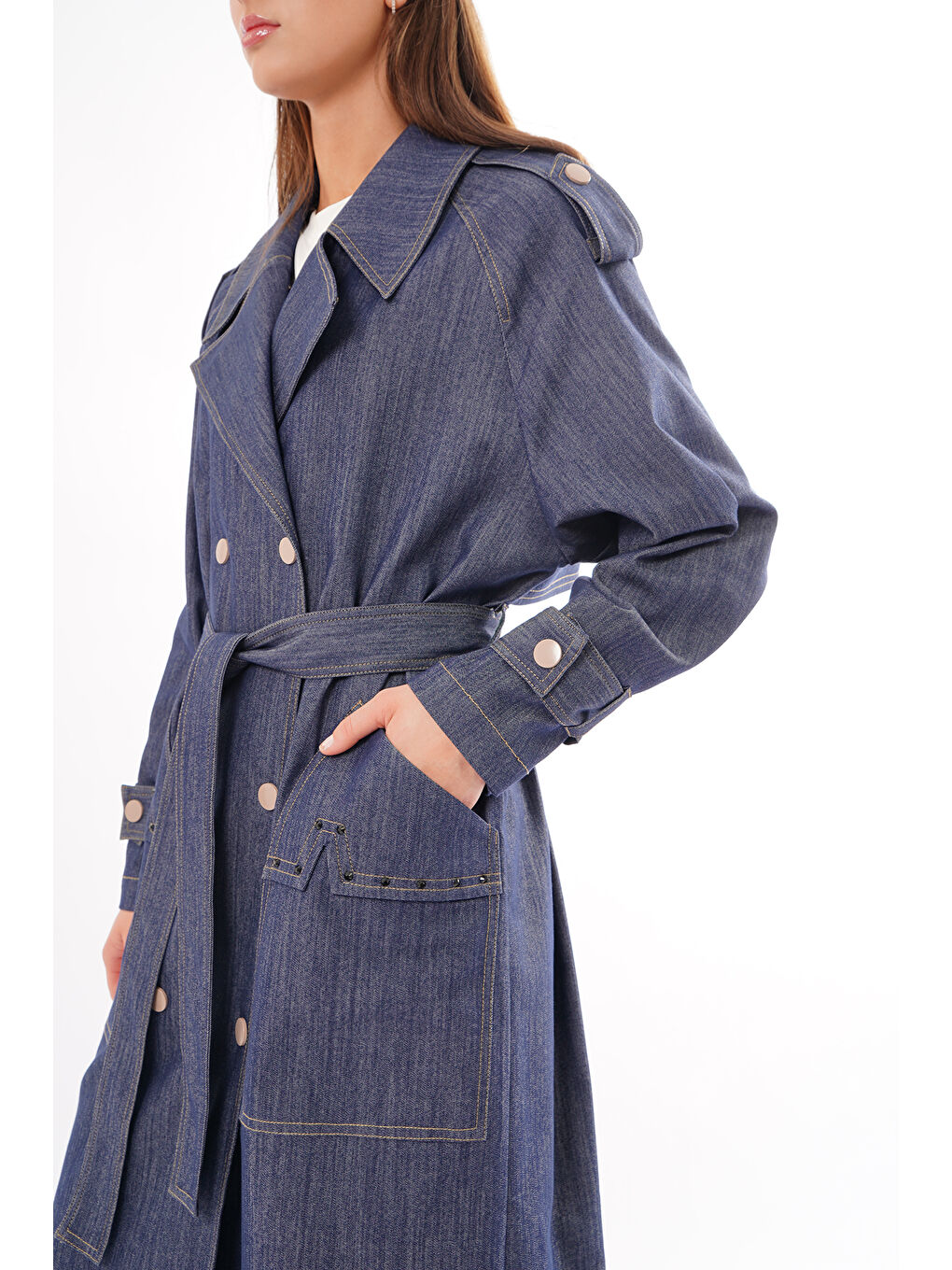 Mavi Önden Kruvaze Çıtçıt Detay Denim Kap Ceket Trench 823 Denim-4