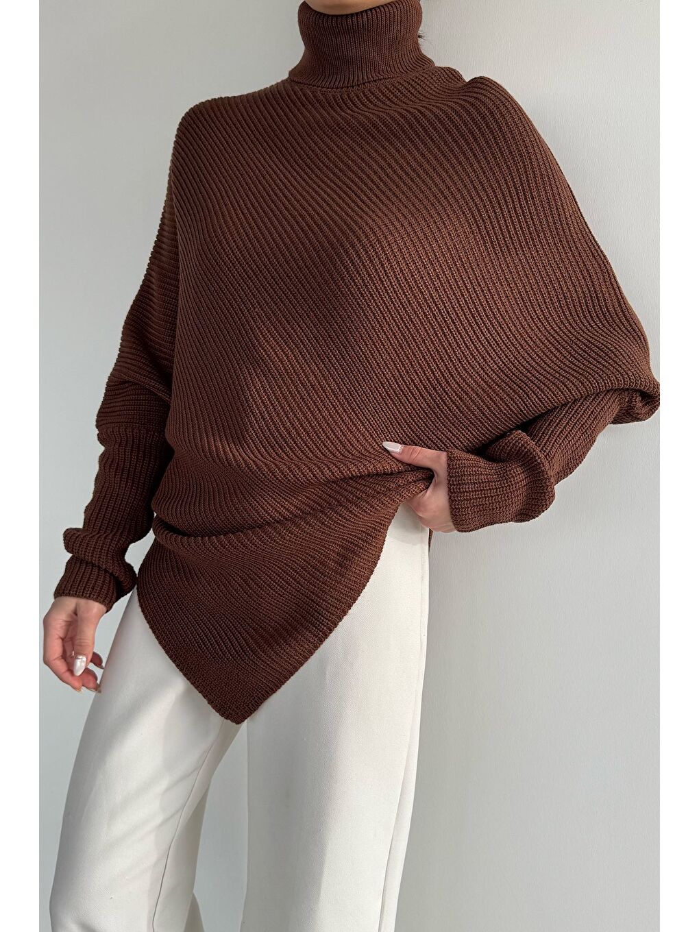 Kahverengi Kadın Boğazlı Triko Kazak-2
