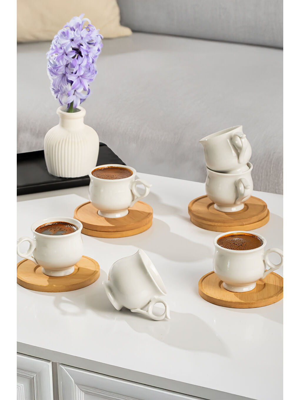 Beyaz Muna Bambu Tabaklı 6'lı Porselen Kahve Fincanı - 90 ml-1