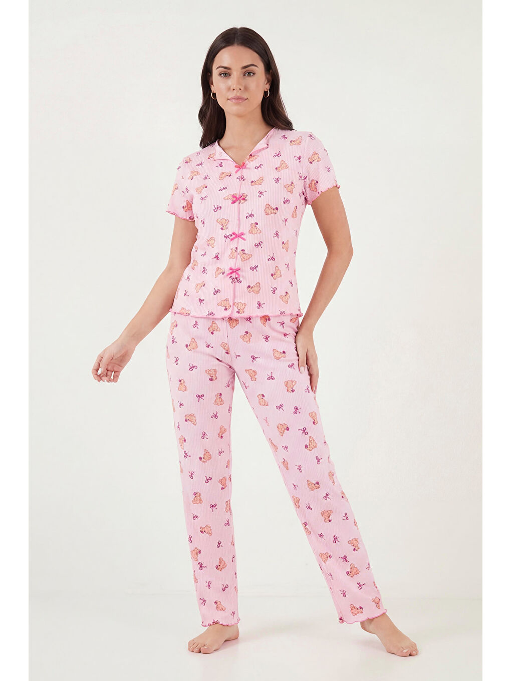 Pembe Regular Fit Desenli V Yaka Kısa Kollu Pijama Takımı 65770836-2
