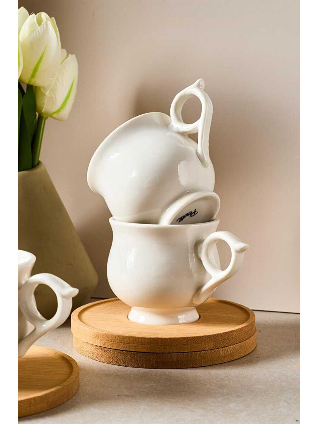 Beyaz Muna Bambu Tabaklı 6'lı Porselen Kahve Fincanı - 90 ml-2