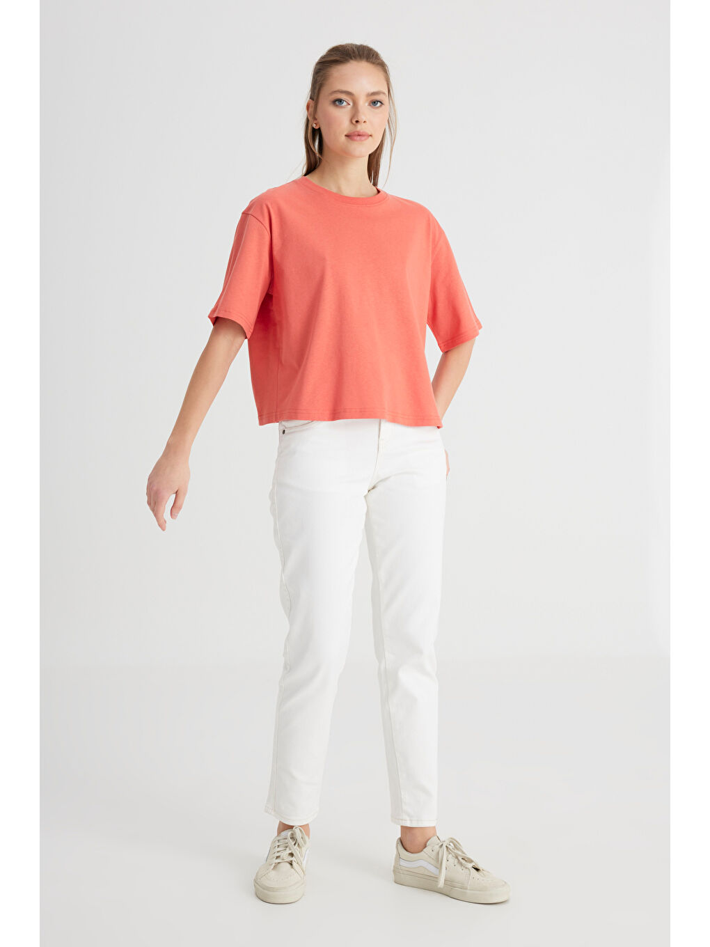 Relaxed Fit Geniş Kesim Bisiklet Yaka %100 Pamuk Turuncu Tişört-2