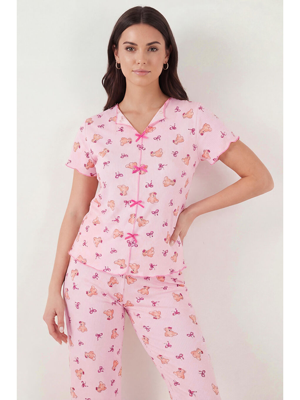 Pembe Regular Fit Desenli V Yaka Kısa Kollu Pijama Takımı 65770836-3