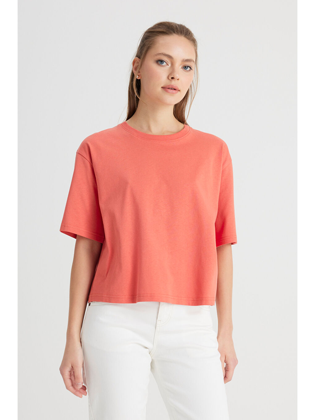 Relaxed Fit Geniş Kesim Bisiklet Yaka %100 Pamuk Turuncu Tişört-3