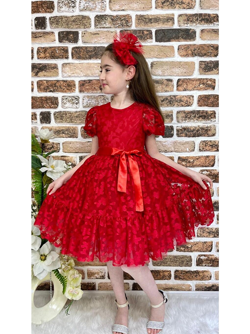 Kırmızı Papatya Dantel Kız Çocuk Elbise Mnk0332