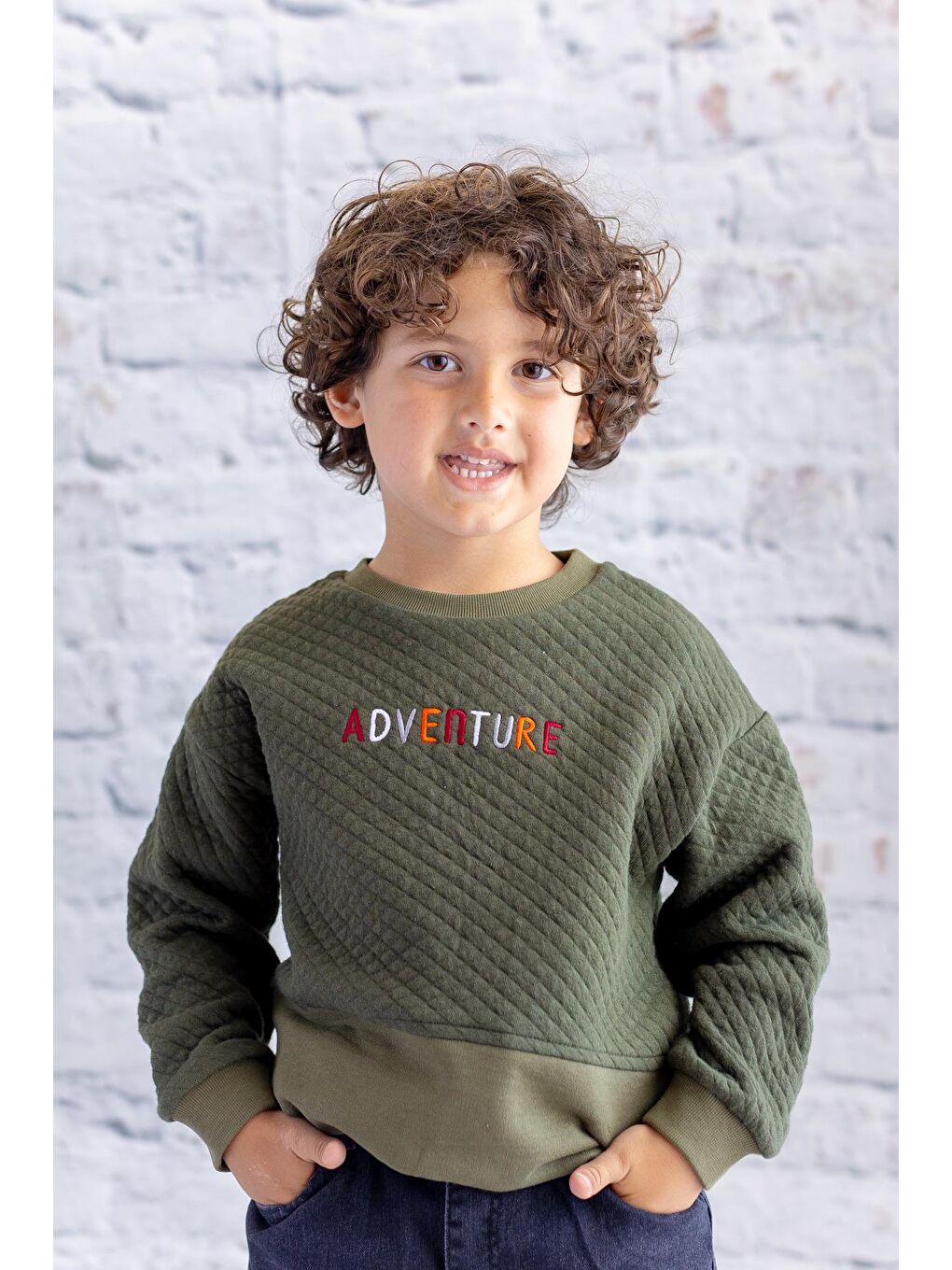 Erkek Çocuk Kapitone Nakış Detaylı Sweatshirt - Haki-1