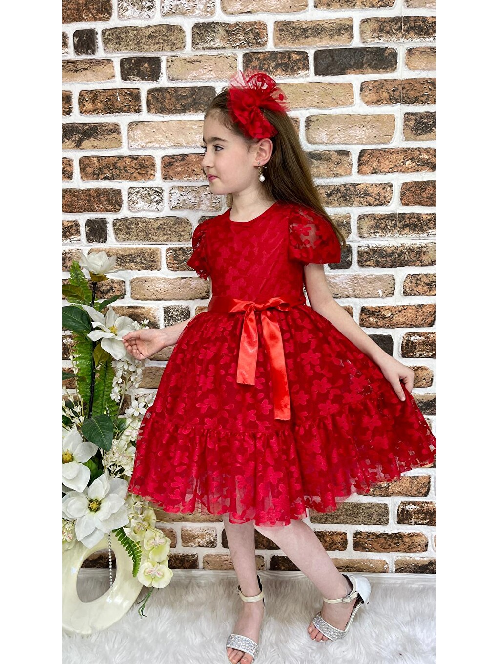 Kırmızı Papatya Dantel Kız Çocuk Elbise Mnk0332-2