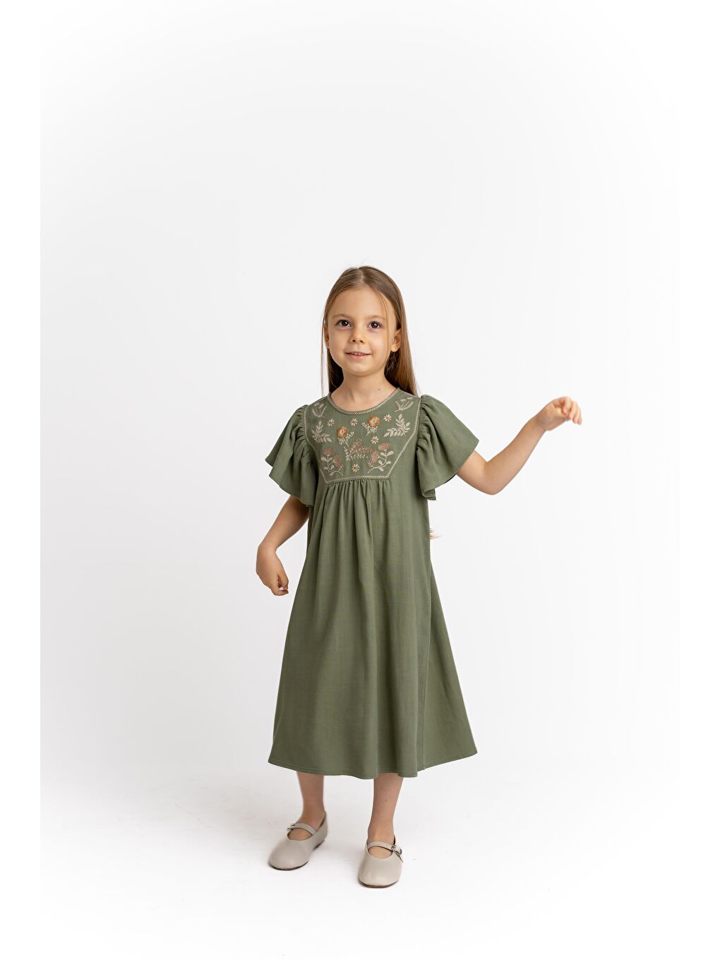 Haki Kız Çocuk Nakışlı Keten Elbise