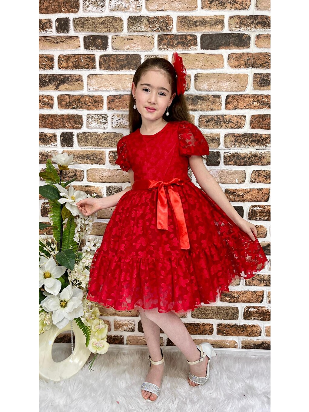 Kırmızı Papatya Dantel Kız Çocuk Elbise Mnk0332-3