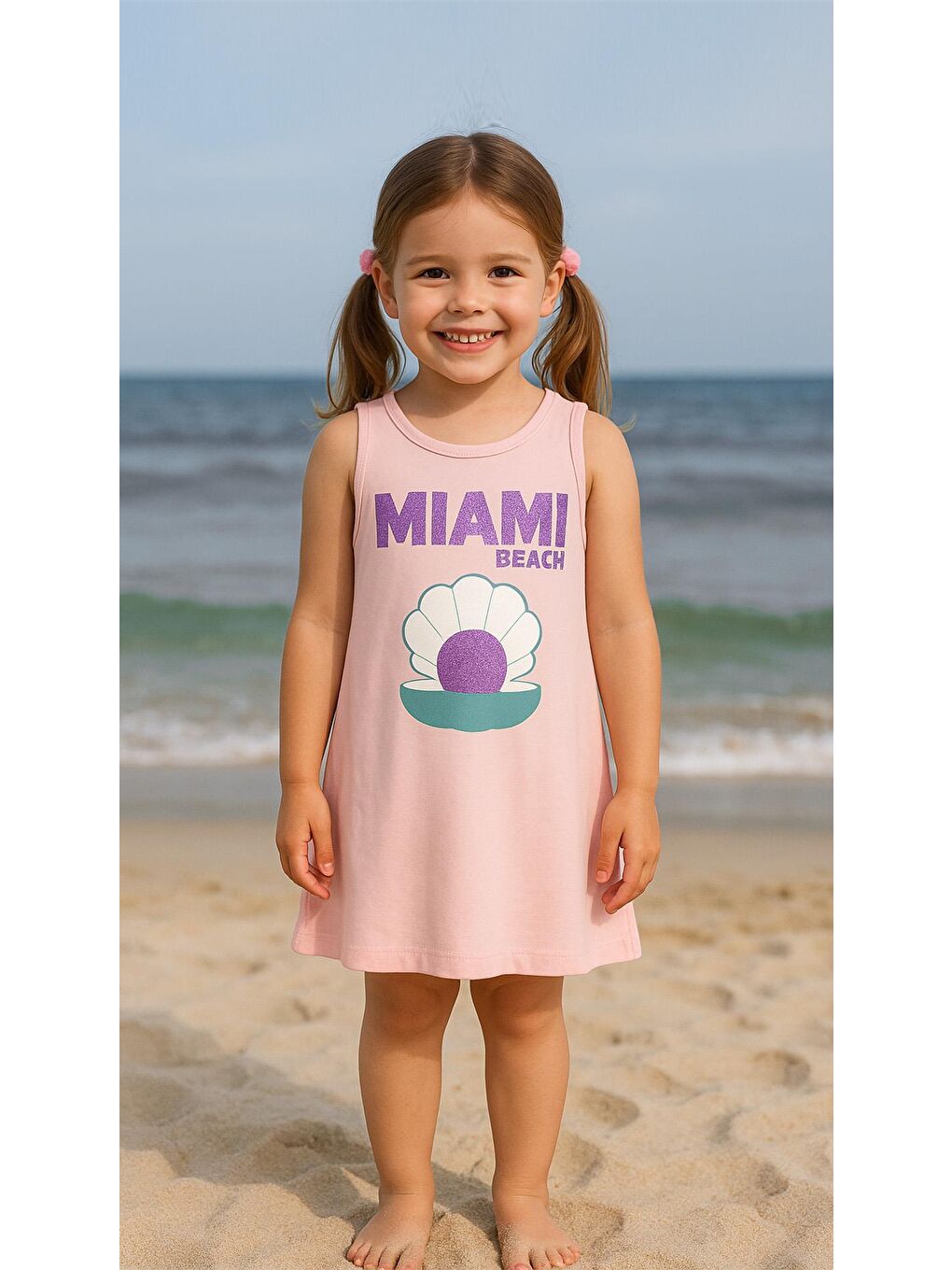 Pembe Kız Çocuk %100 Pamuklu Baskılı Elbise - Pudra (3-4 Yaş - 8-9 Yaş)