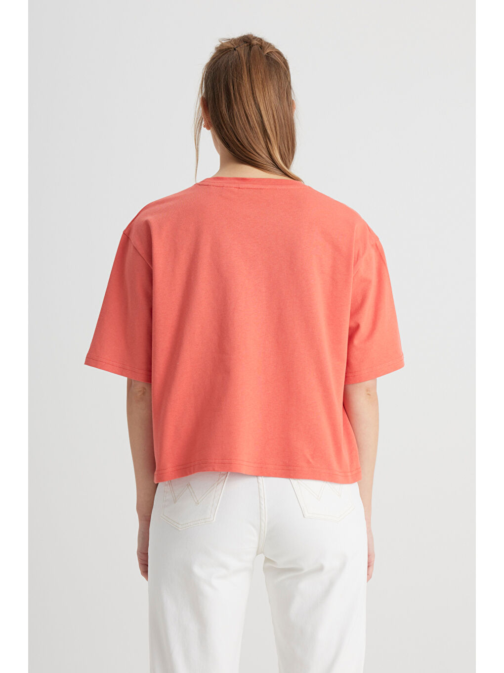 Relaxed Fit Geniş Kesim Bisiklet Yaka %100 Pamuk Turuncu Tişört-4