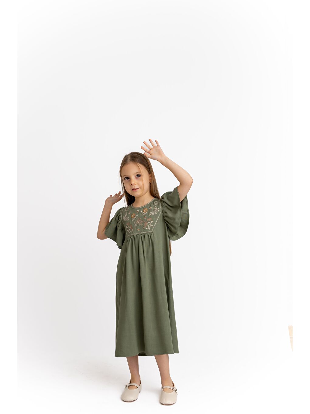 Haki Kız Çocuk Nakışlı Keten Elbise-1