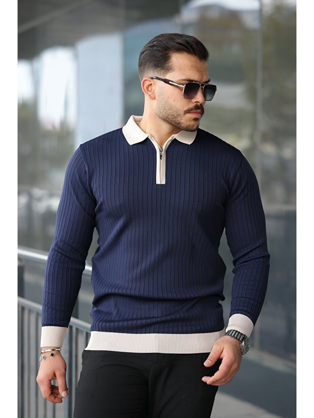 Lacivert Erkek Kol Ve Yaka Detaylı Uzun Kollu Triko-1