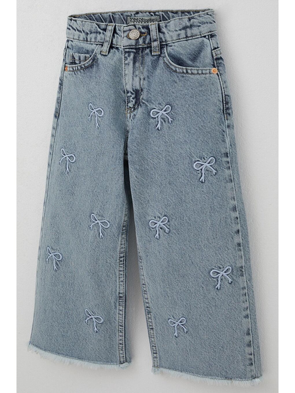 Kız Çocuk Jean Pantolon Fiyonk Nakışlı Paça Kısmı Püskül Detaylı Açık Mavi (3-7 Yaş)-5