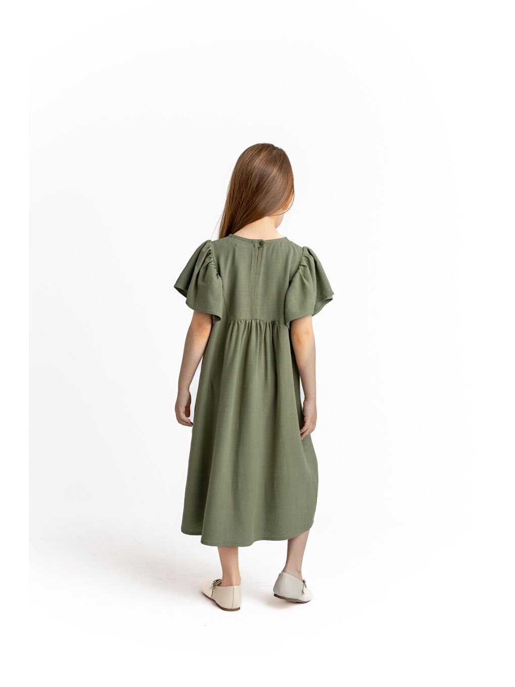 Haki Kız Çocuk Nakışlı Keten Elbise-2