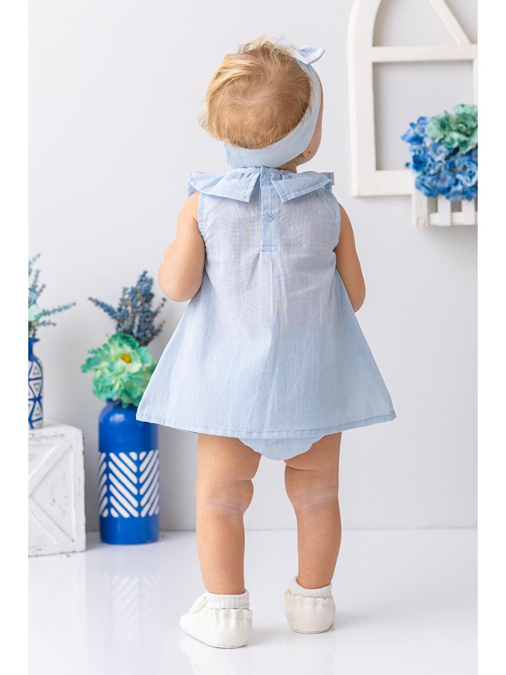 Kız Bebek Yakası Fırfırlı Badili Elbise - Açık Mavi-1