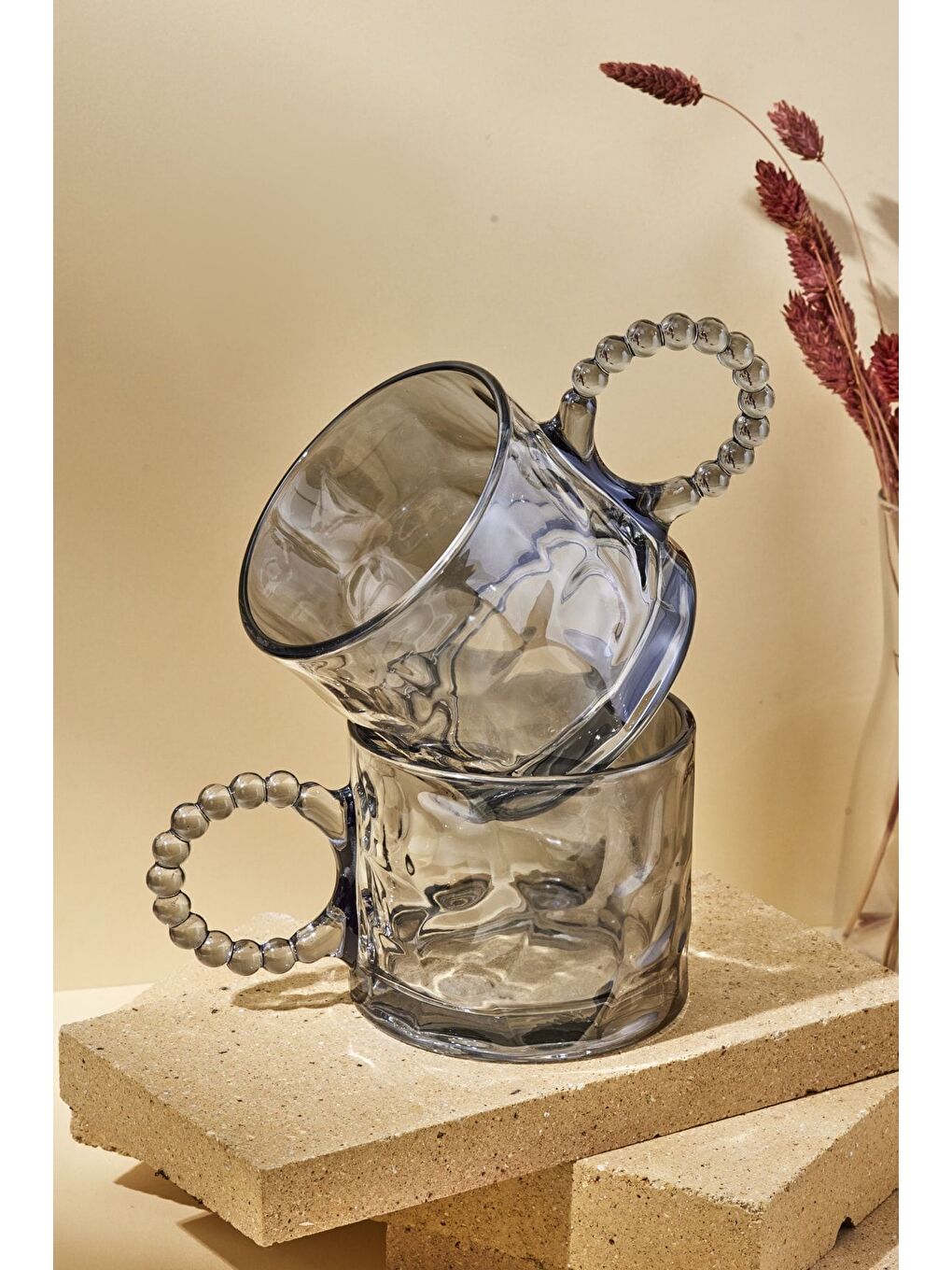 Gri Ringo Line Color Amber 2'li 325 ml Cam Kupa Boncuklu Kulp Mug-1