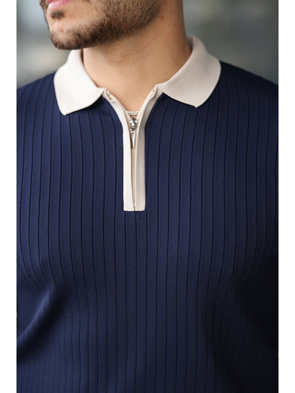 Lacivert Erkek Kol Ve Yaka Detaylı Uzun Kollu Triko-2