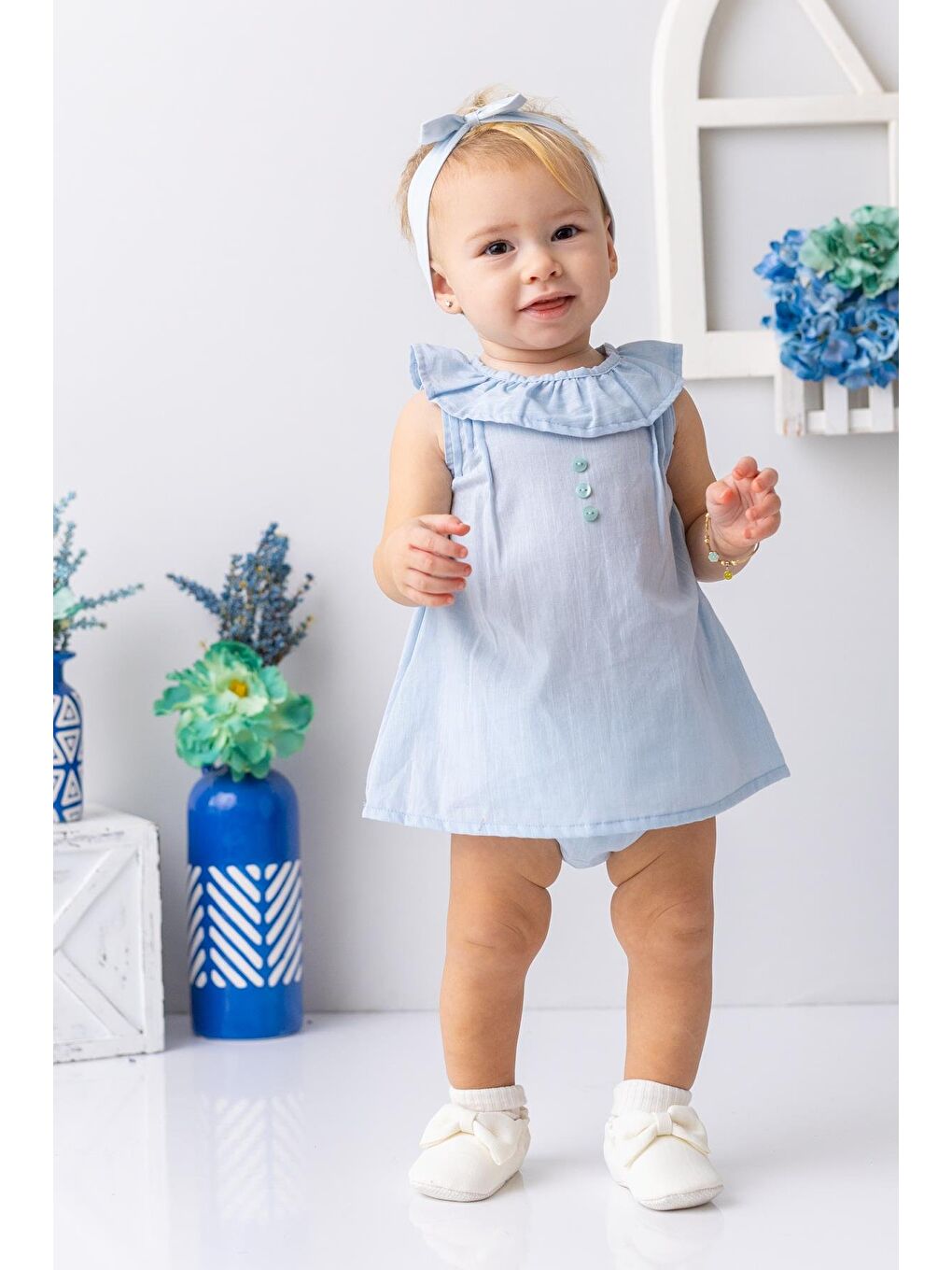 Kız Bebek Yakası Fırfırlı Badili Elbise - Açık Mavi-2