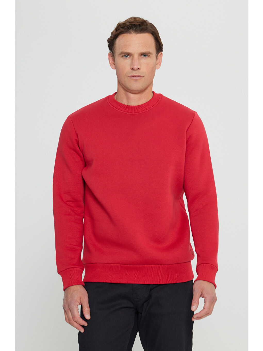 Erkek Kırmızı Standart Fit Normal Kesim İçi Polarlı Bisiklet Yaka Sweatshirt