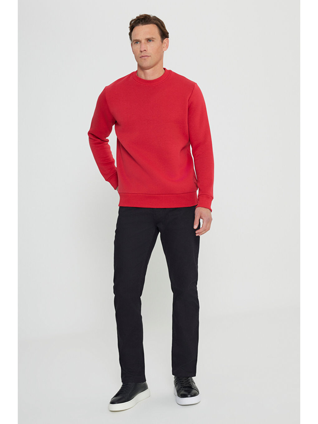 Erkek Kırmızı Standart Fit Normal Kesim İçi Polarlı Bisiklet Yaka Sweatshirt-1