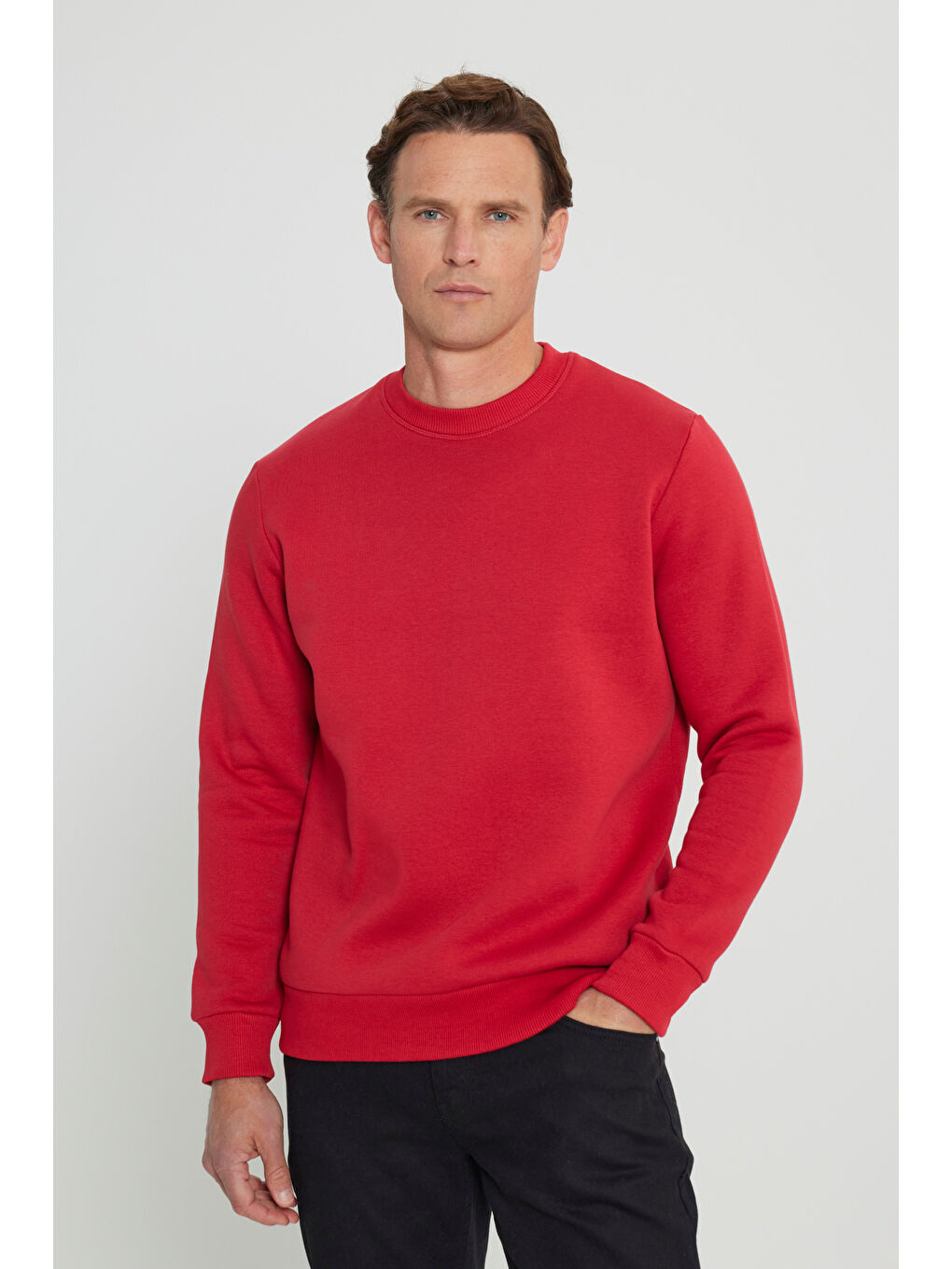 Erkek Kırmızı Standart Fit Normal Kesim İçi Polarlı Bisiklet Yaka Sweatshirt-2