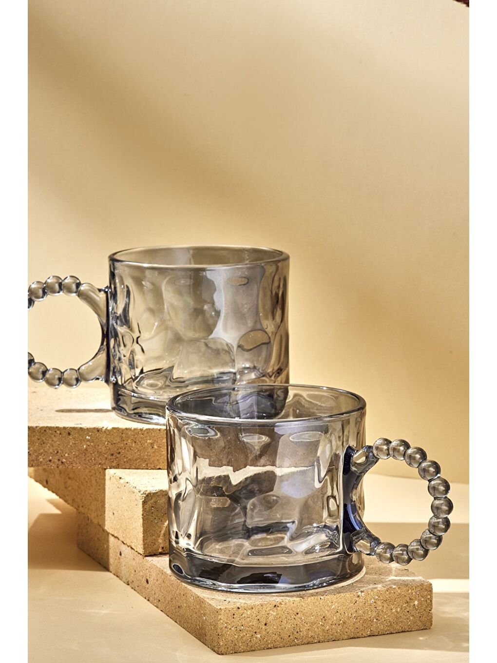 Gri Ringo Line Color Amber 2'li 325 ml Cam Kupa Boncuklu Kulp Mug-3