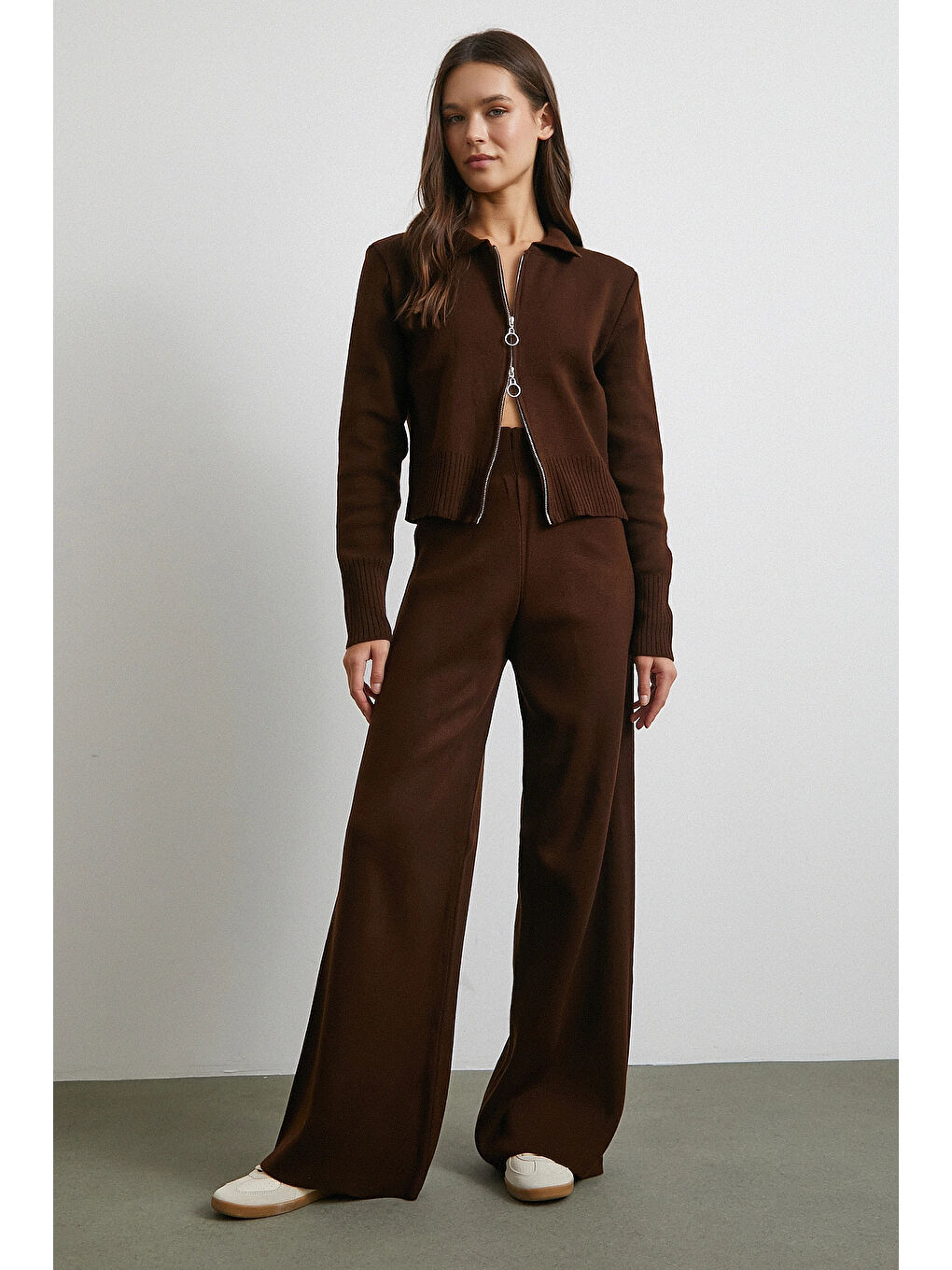 Karışık Çift Fermuarlı Hırka Takım Kahve-1