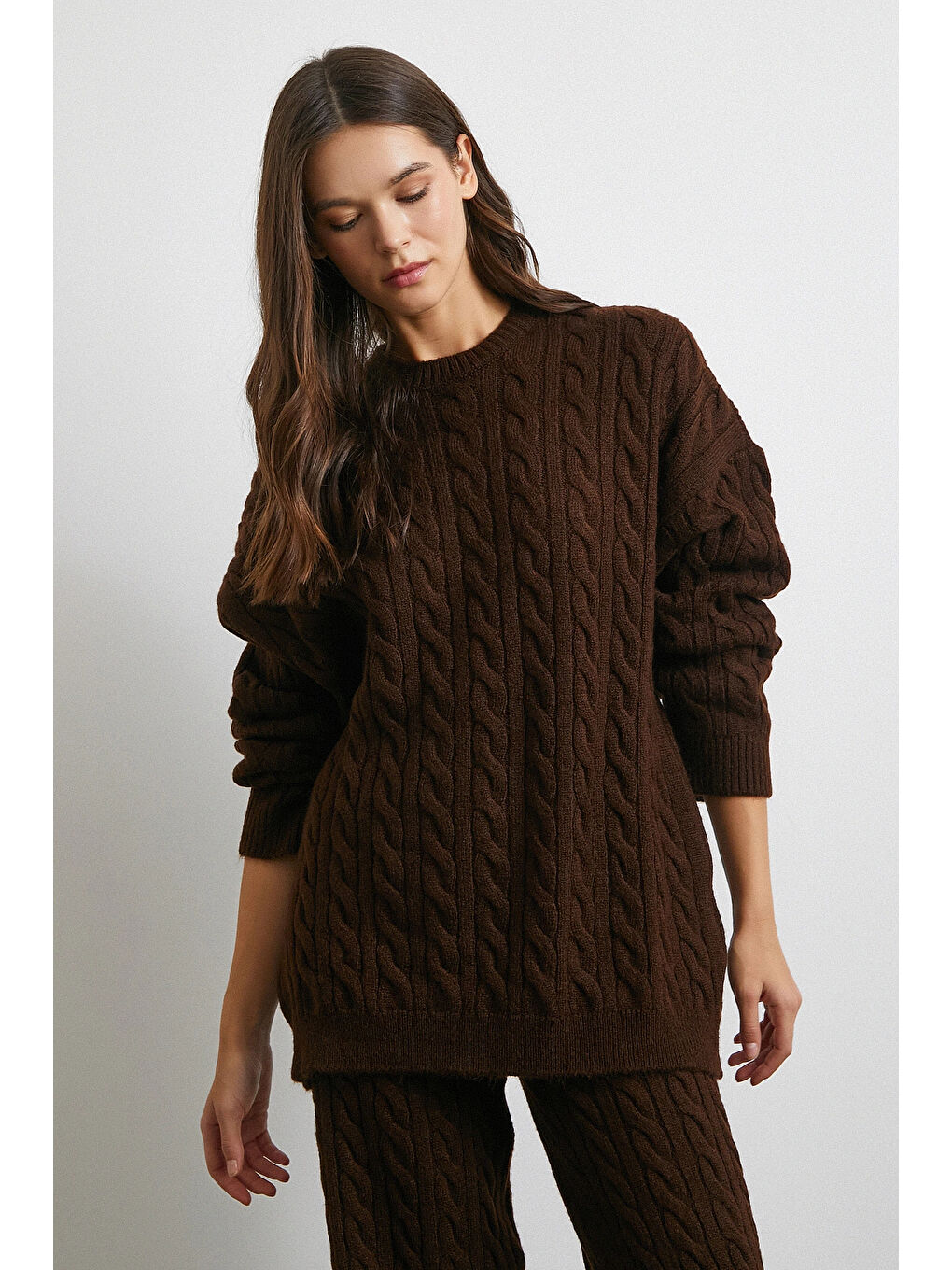 Karışık Desenli Şardonlu Triko Takım Kahve-3