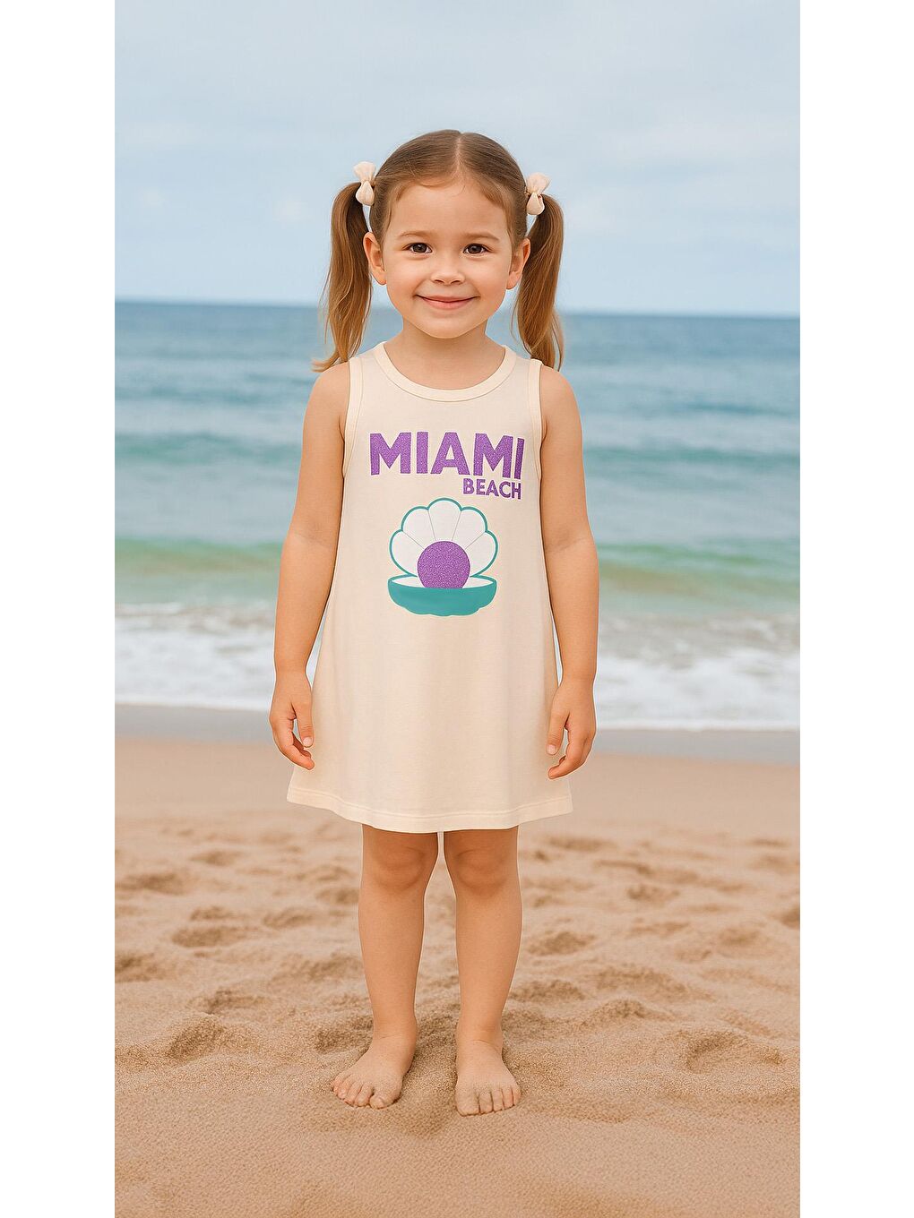 Kız Çocuk %100 Pamuklu Baskılı Elbise - Ekru (3-4 Yaş - 8-9 Yaş)