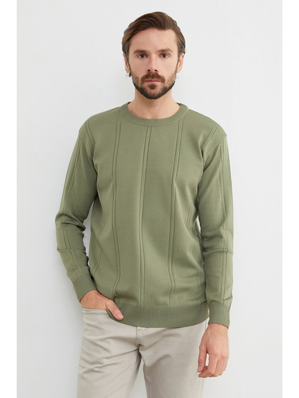 Haki Şeritli Bisiklet Yaka Triko Kazak