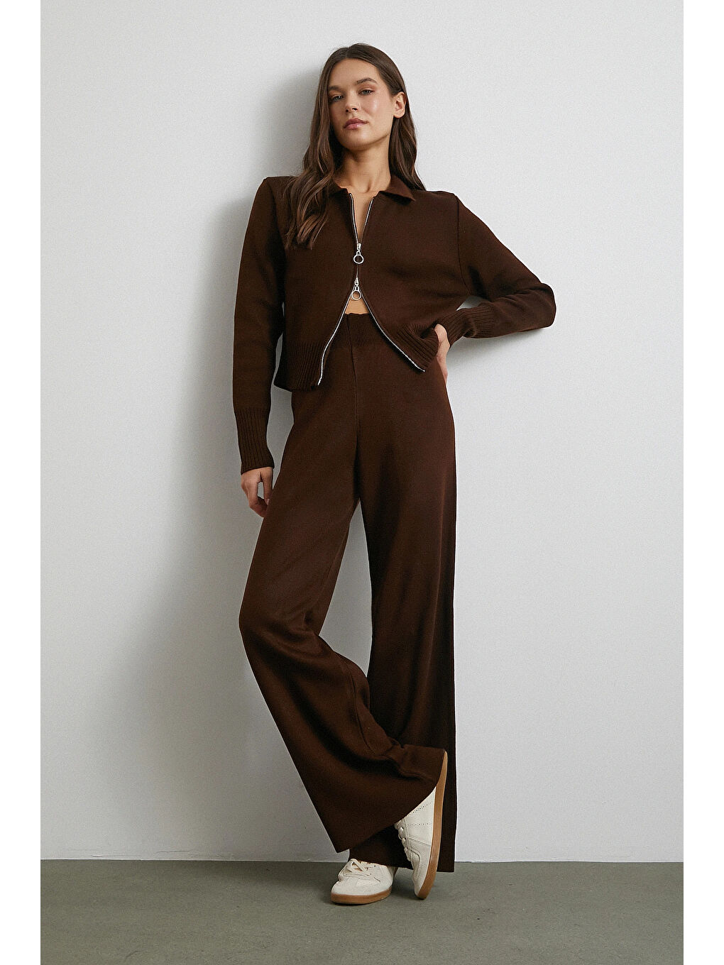 Karışık Çift Fermuarlı Hırka Takım Kahve-2