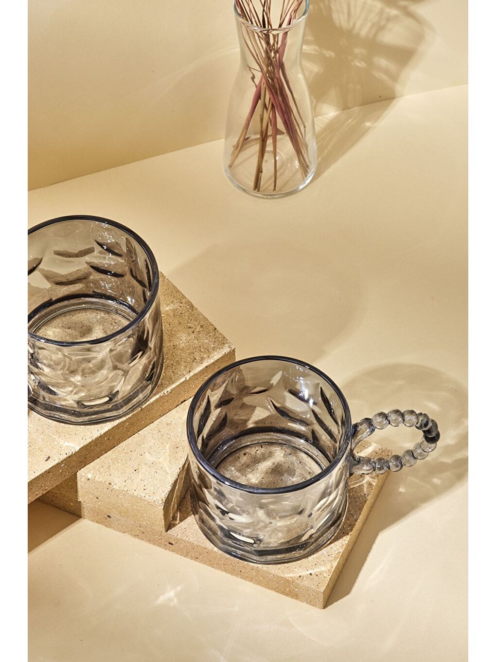 Gri Ringo Line Color Amber 2'li 325 ml Cam Kupa Boncuklu Kulp Mug-4