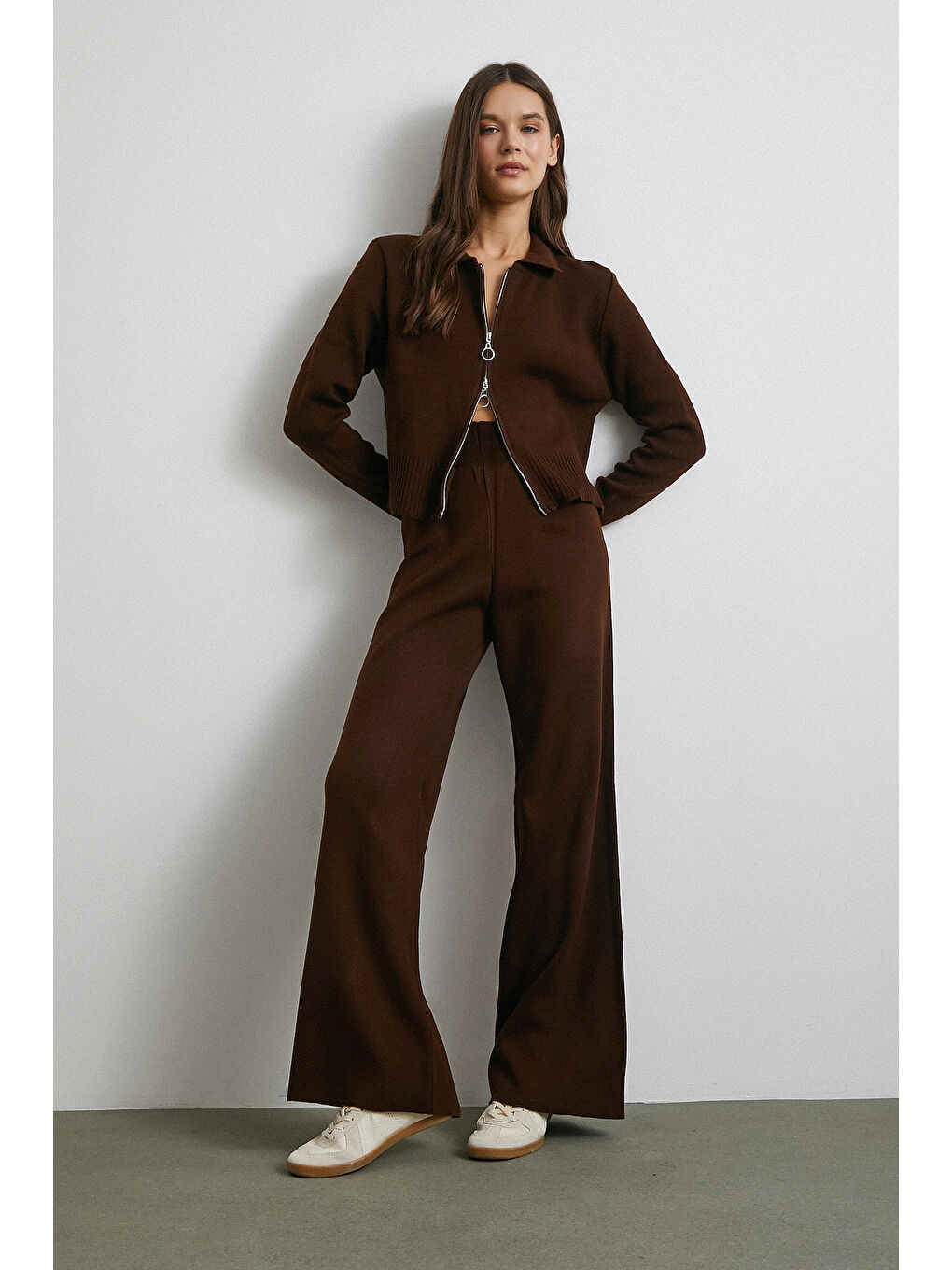 Karışık Çift Fermuarlı Hırka Takım Kahve-3