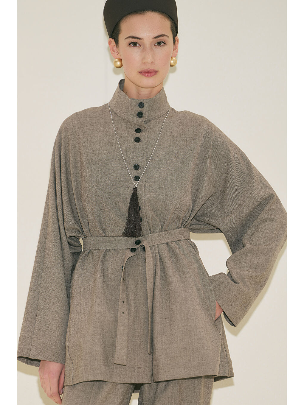 Bej Yuı Kuşaklı Ceket Vizon-2