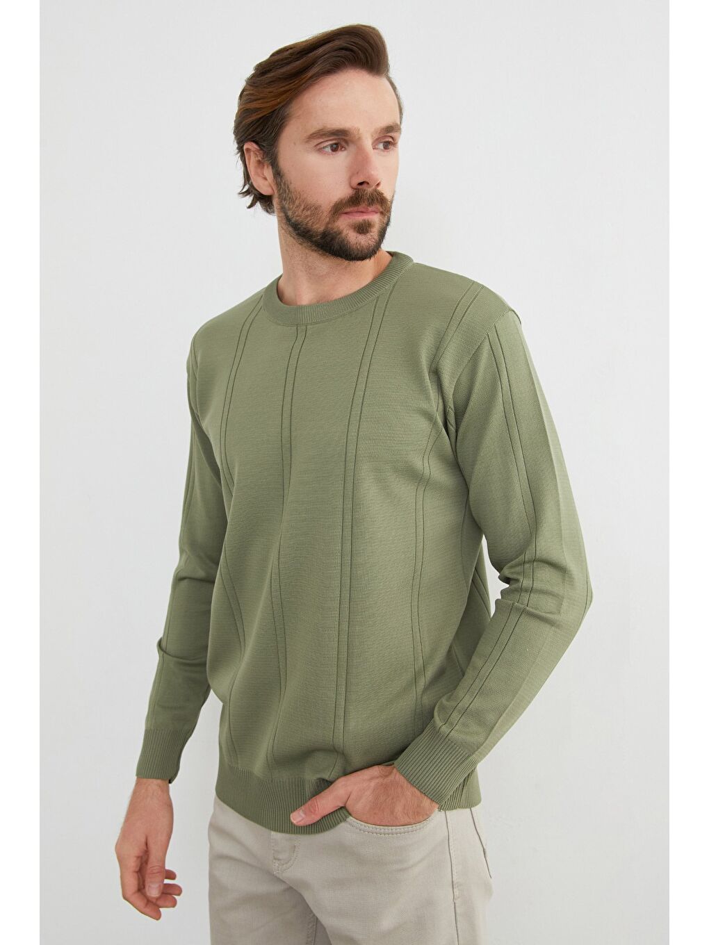 Haki Şeritli Bisiklet Yaka Triko Kazak-2