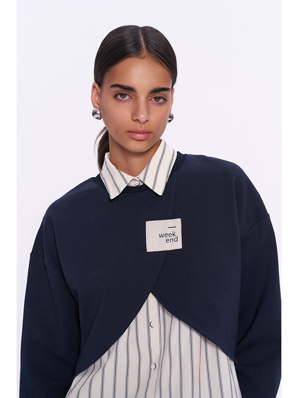 QUZU Lacivert Çizgili Gömlek Match Crop Sweatshirt Lacivert - 3