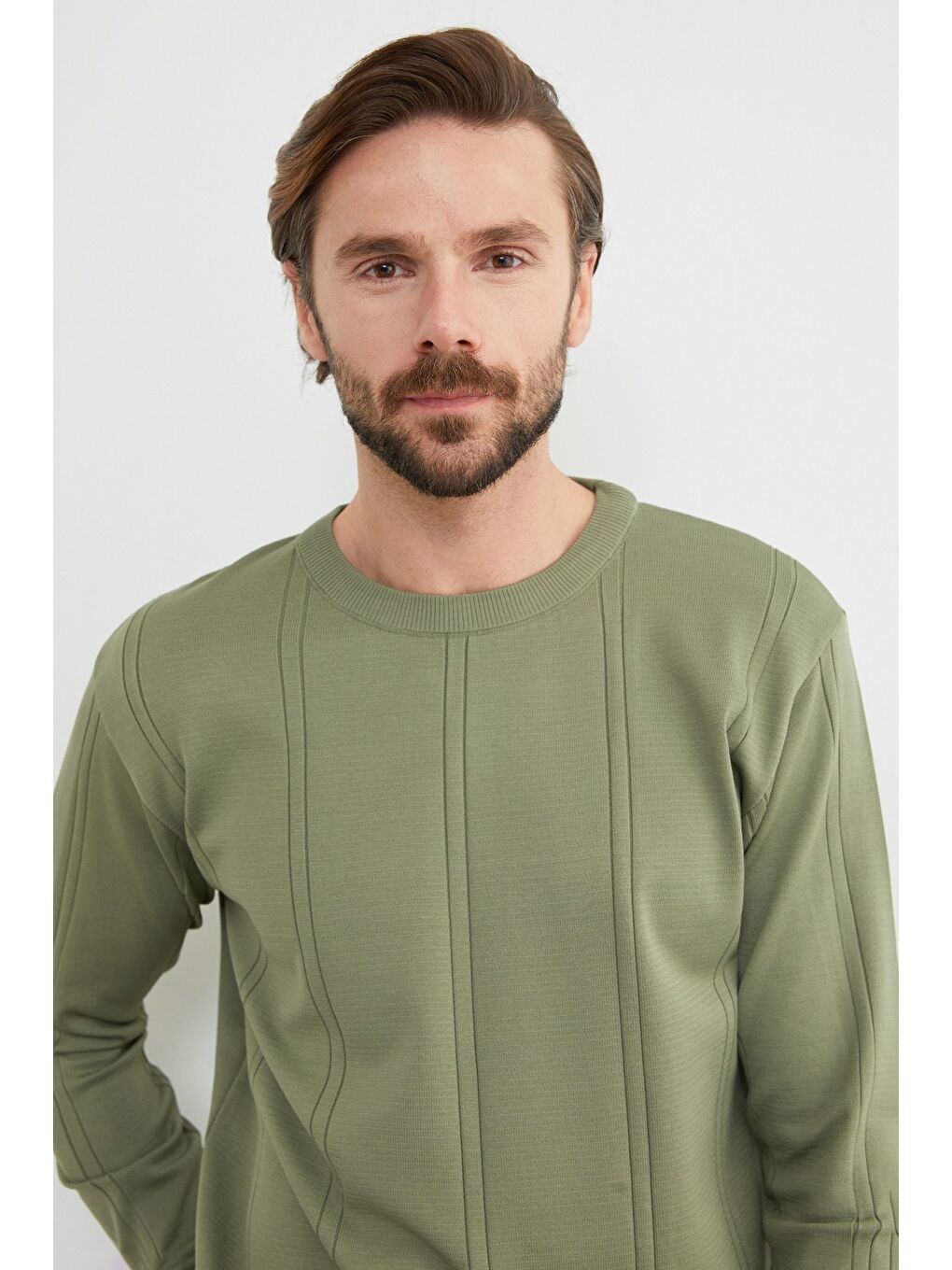 Haki Şeritli Bisiklet Yaka Triko Kazak-3