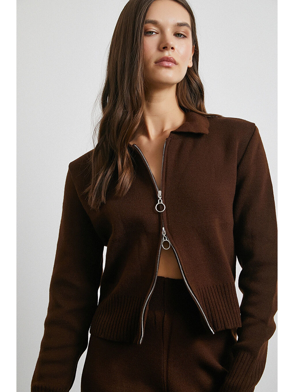 Karışık Çift Fermuarlı Hırka Takım Kahve-4