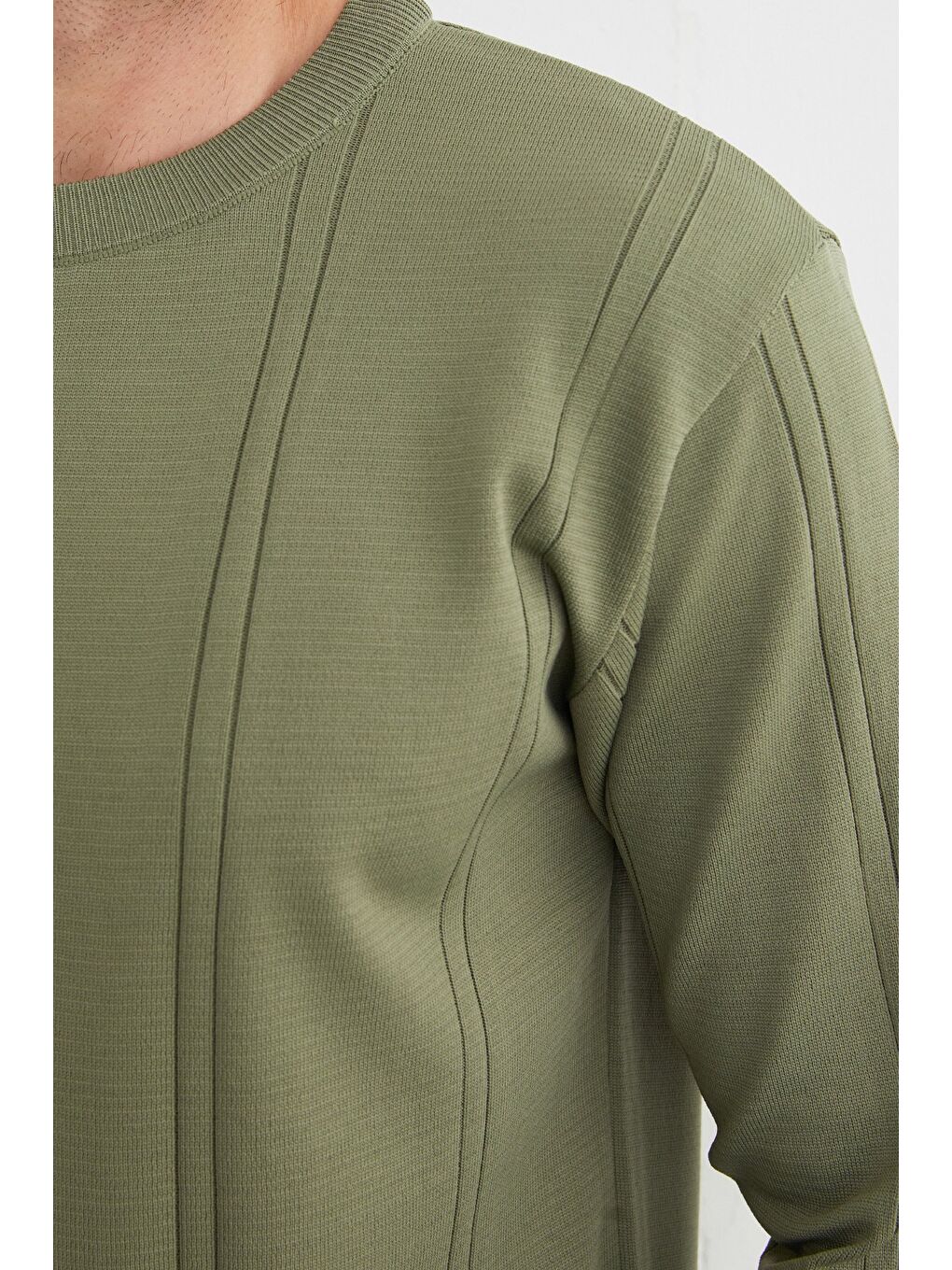 Haki Şeritli Bisiklet Yaka Triko Kazak-4