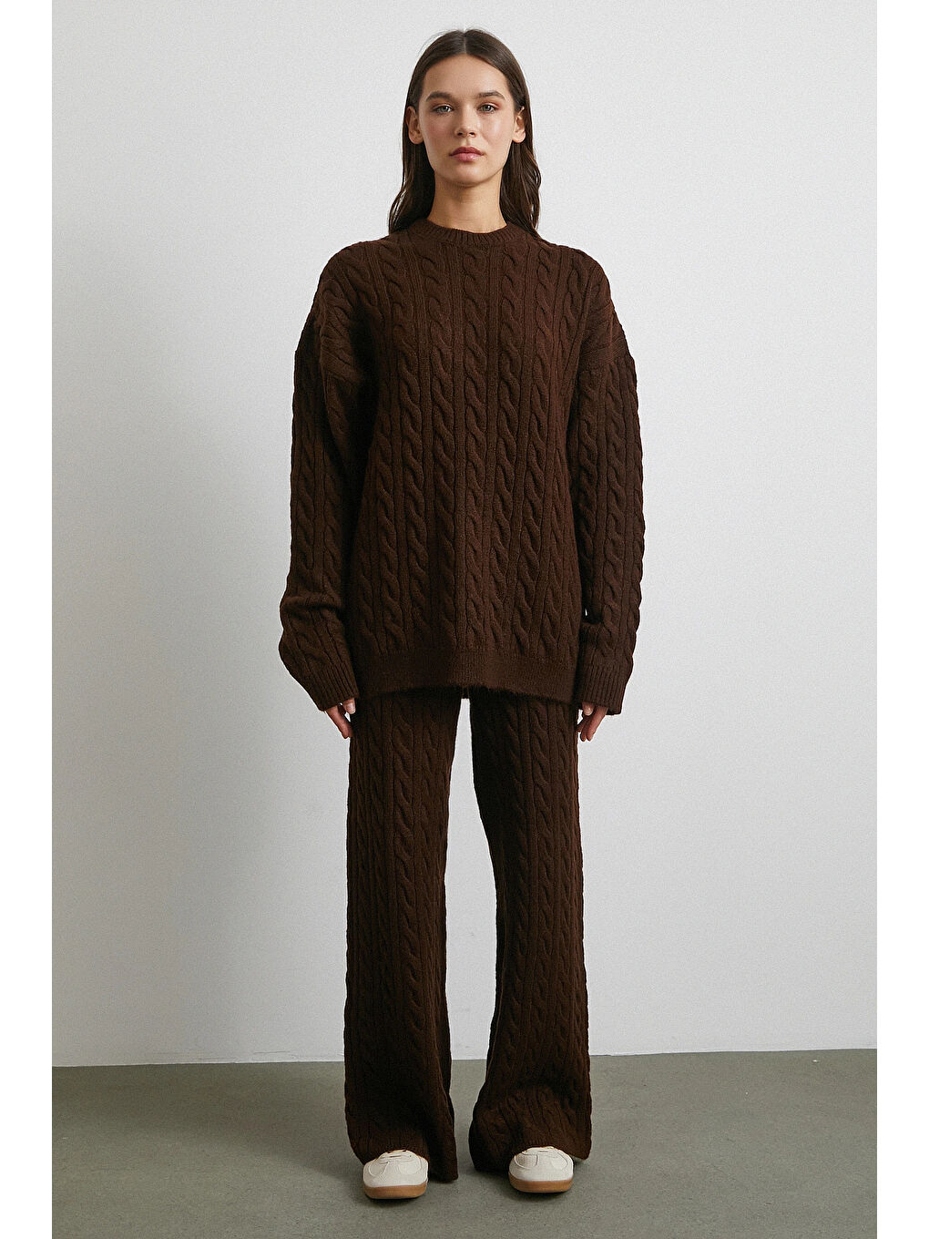 Karışık Desenli Şardonlu Triko Takım Kahve-4