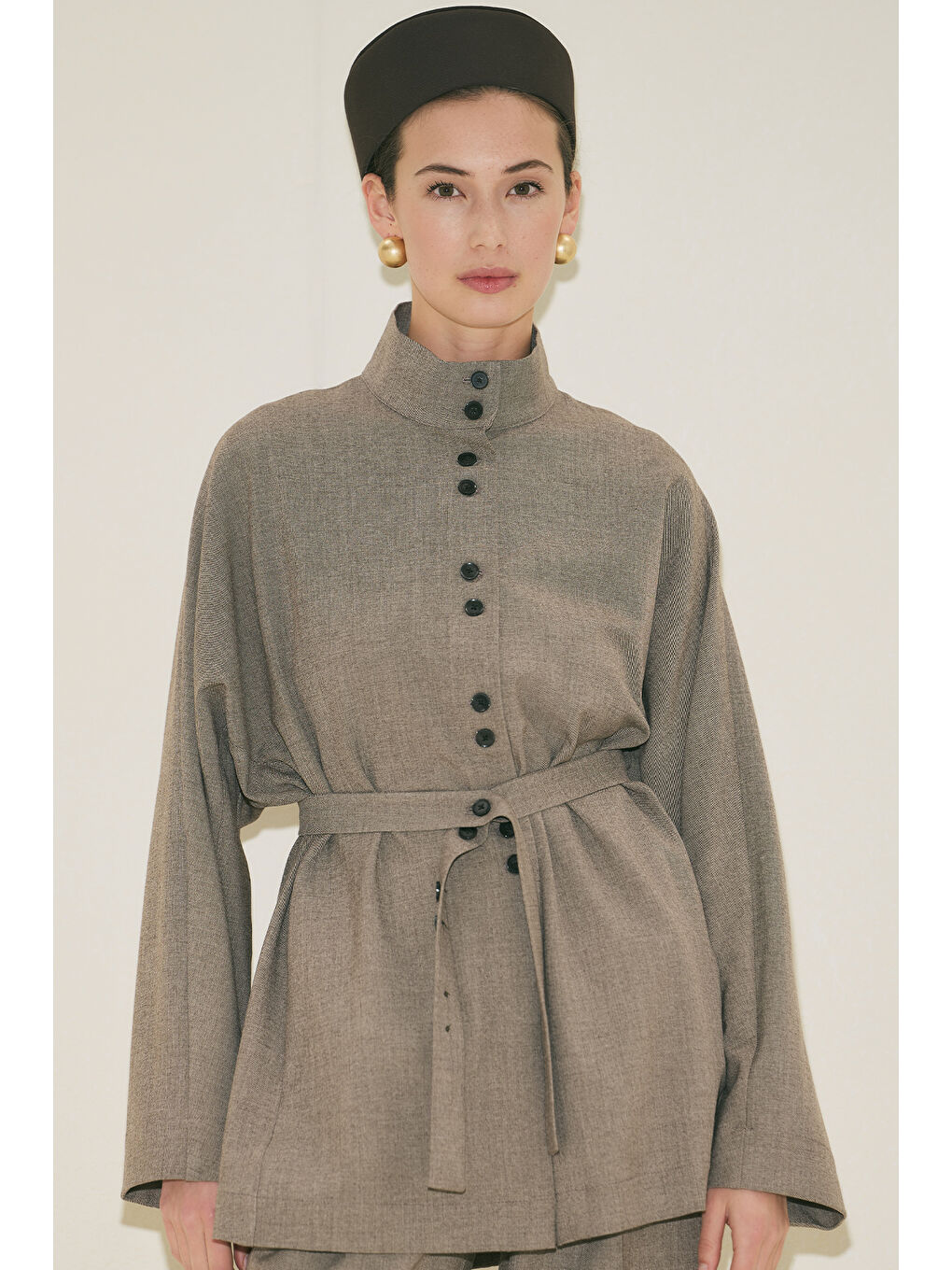 Bej Yuı Kuşaklı Ceket Vizon-4