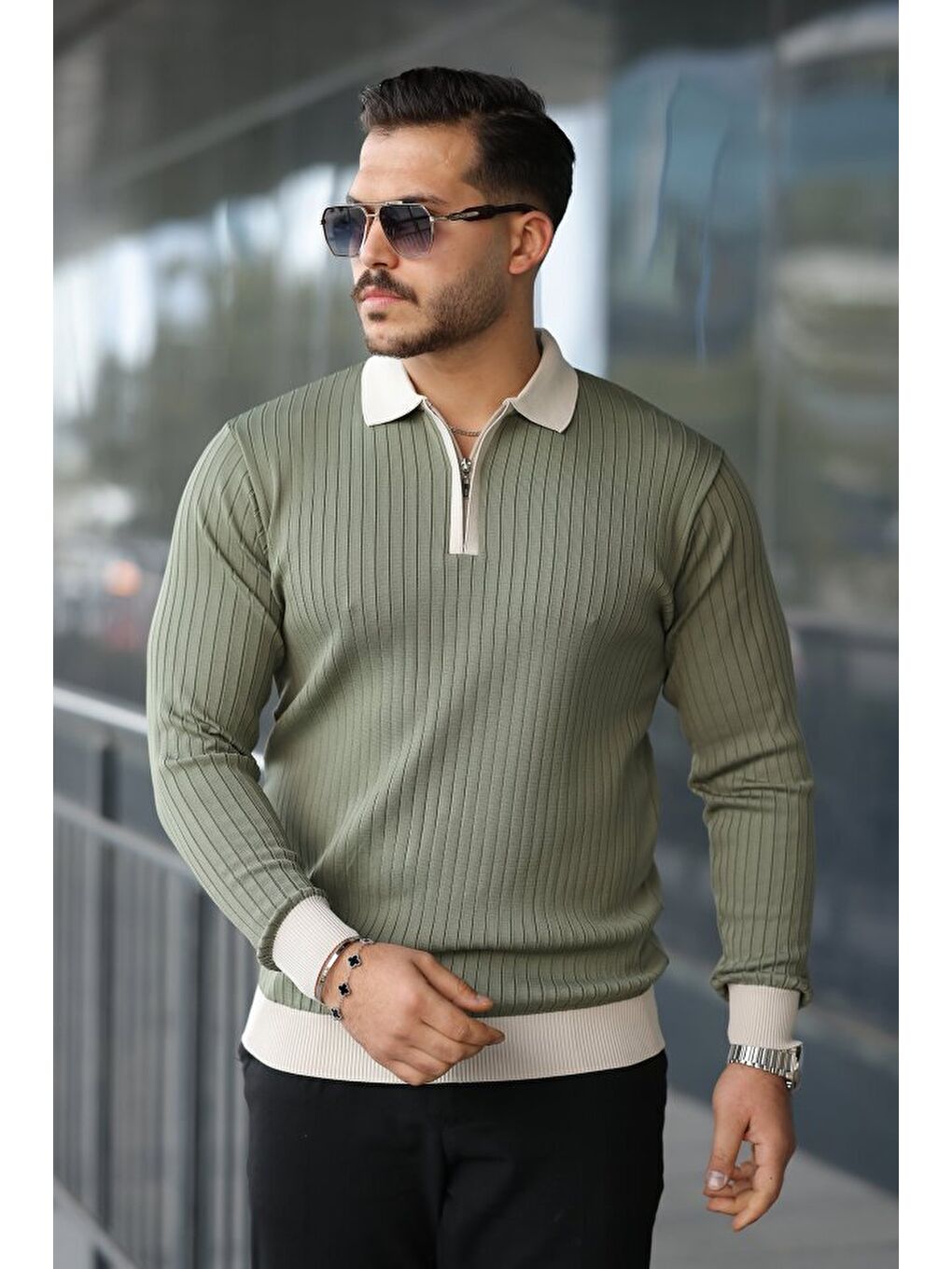 Yeşil Erkek Kol Ve Yaka Detaylı Uzun Kollu Triko